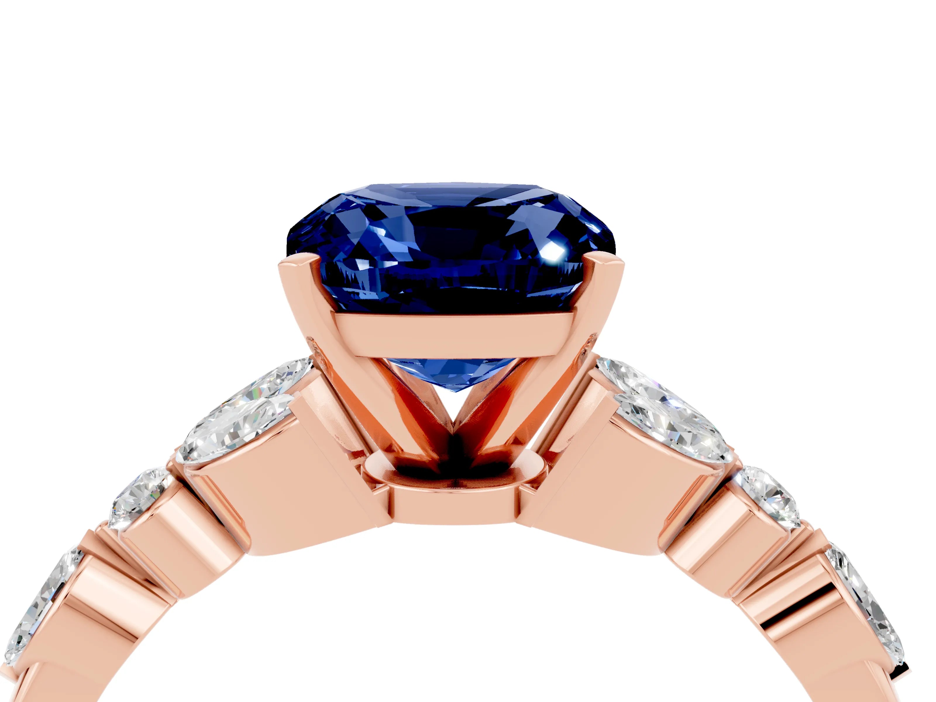 Rose gold Cushion Cut Blue Sapphire Solitaire Ring with Side Stones and Four-Prong Setting_16