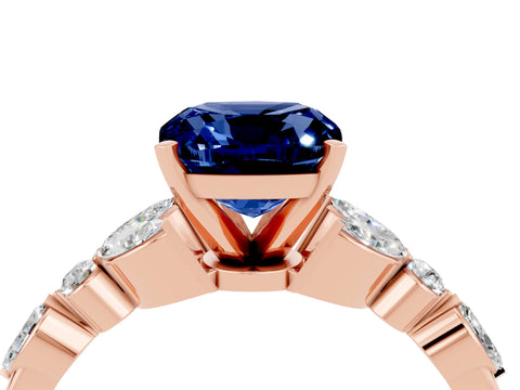 Rose gold Cushion Cut Blue Sapphire Solitaire Ring with Side Stones and Four-Prong Setting_16