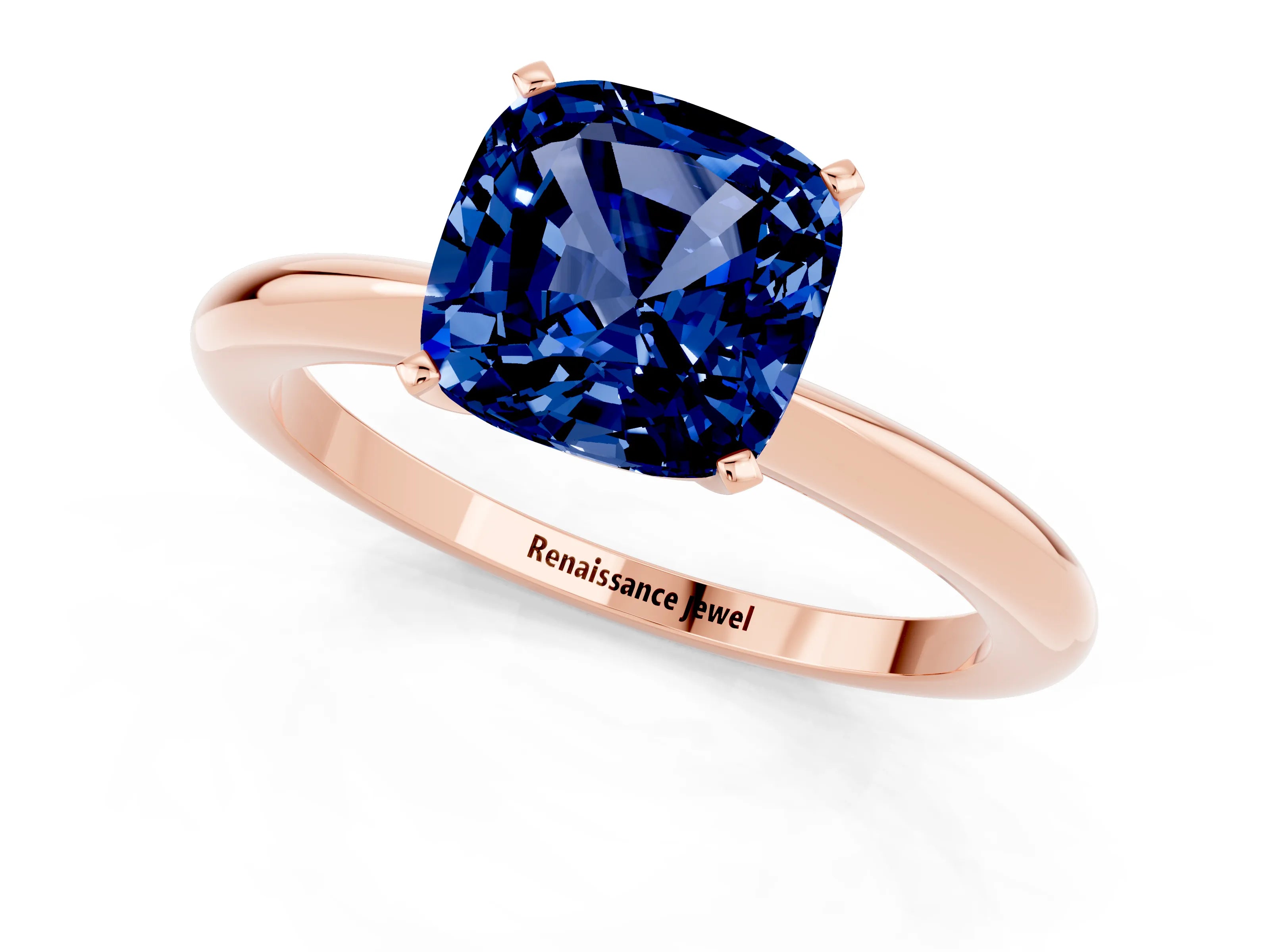 Rose gold Cushion Cut Blue Sapphire Solitaire Ring with Six-Prong Setting and Classic Band_1