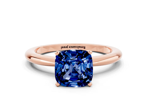 Rose gold Cushion Cut Blue Sapphire Solitaire Ring with Six-Prong Setting and Classic Band