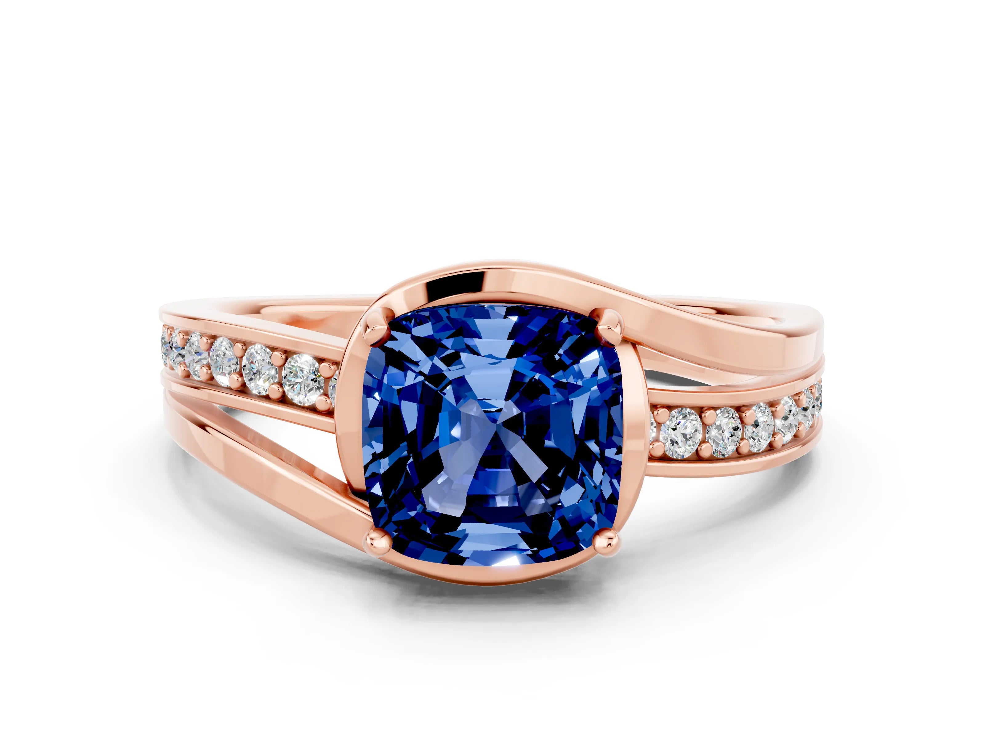 Rose gold Cushion Cut Blue Sapphire Solitaire Ring with Split Shank and Prong Setting