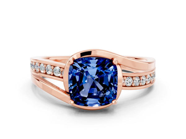 Rose gold Cushion Cut Blue Sapphire Solitaire Ring with Split Shank and Prong Setting