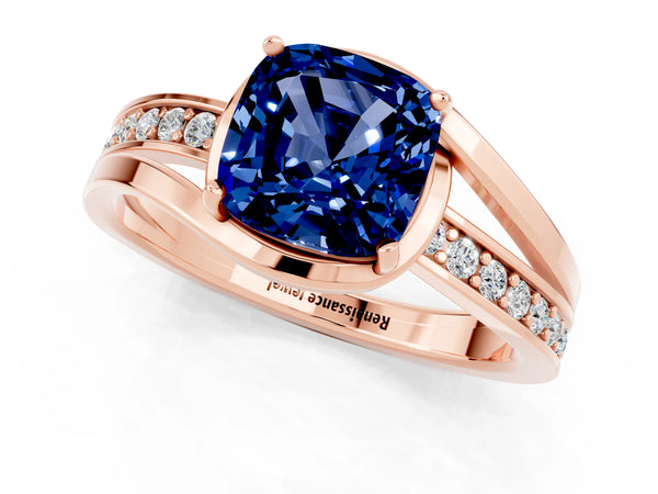 Rose gold Cushion Cut Blue Sapphire Solitaire Ring with Split Shank and Prong Setting