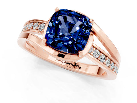 Rose gold Cushion Cut Blue Sapphire Solitaire Ring with Split Shank and Prong Setting_1