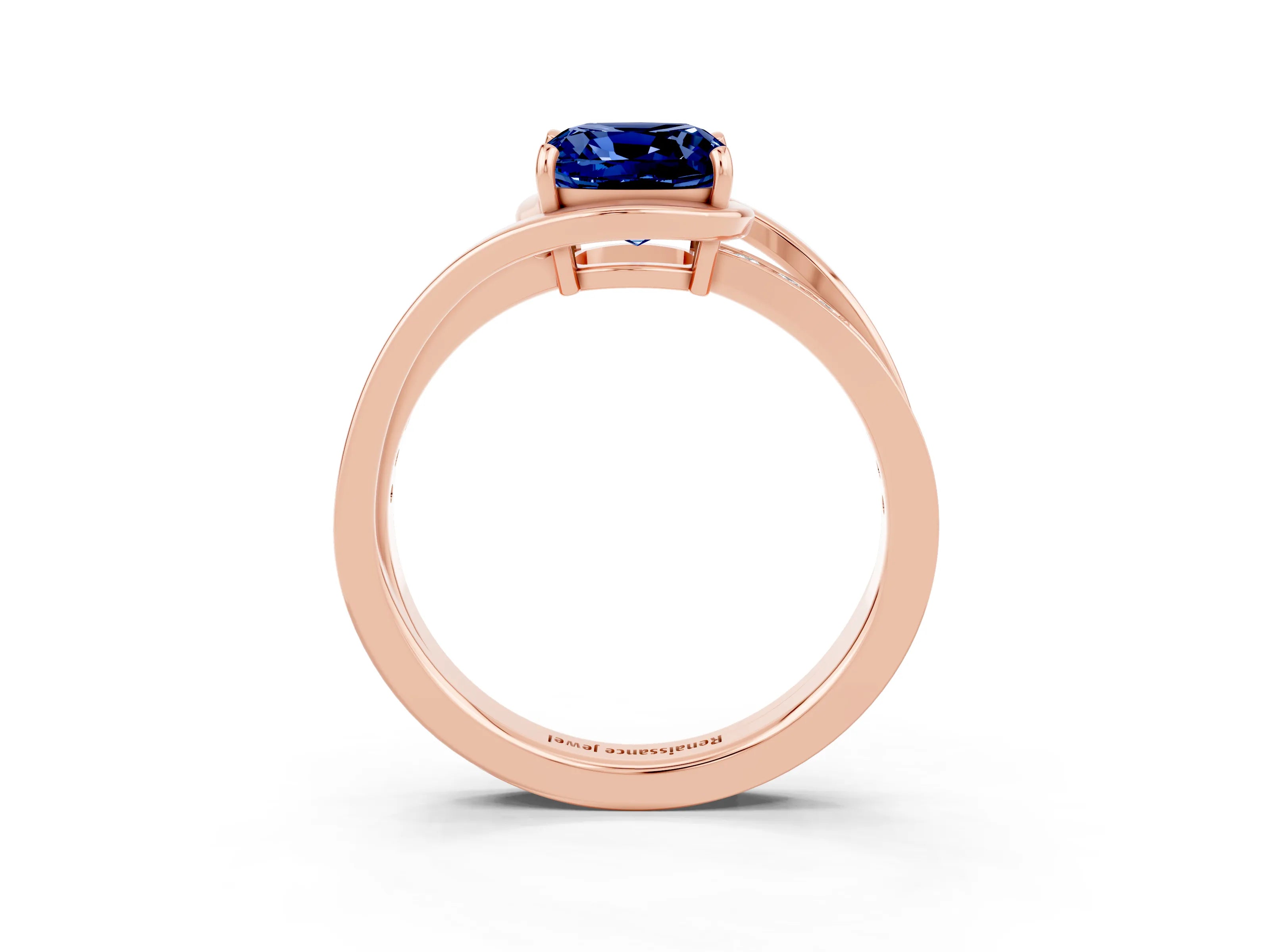 Rose gold Cushion Cut Blue Sapphire Solitaire Ring with Split Shank and Prong Setting_3
