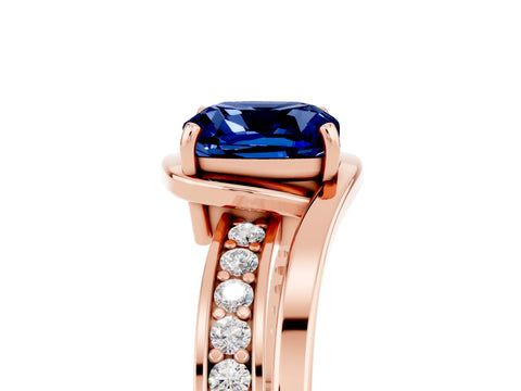Rose gold Cushion Cut Blue Sapphire Solitaire Ring with Split Shank and Prong Setting_5