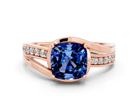 Rose gold Cushion Cut Blue Sapphire Solitaire Ring with Split Shank and Prong Setting