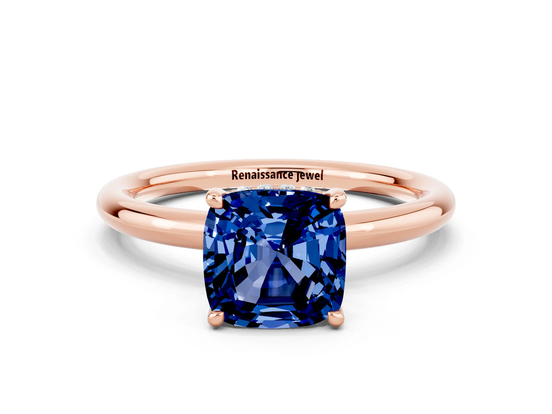 Rose gold Cushion Cut Blue Sapphire Solitaire Ring with Thin Band and Four-Prong Setting