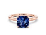 Rose gold Cushion Cut Blue Sapphire Solitaire Ring with Thin Band and Four-Prong Setting