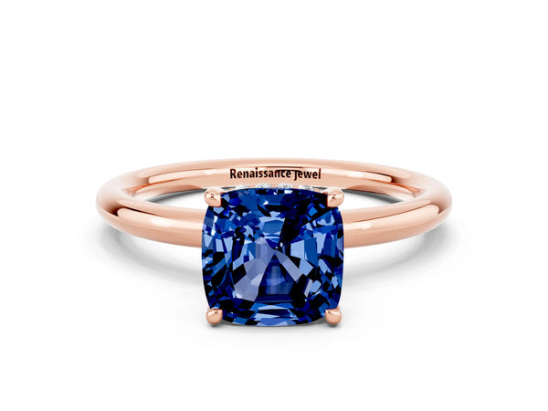 Rose gold Cushion Cut Blue Sapphire Solitaire Ring with Thin Band and Four-Prong Setting