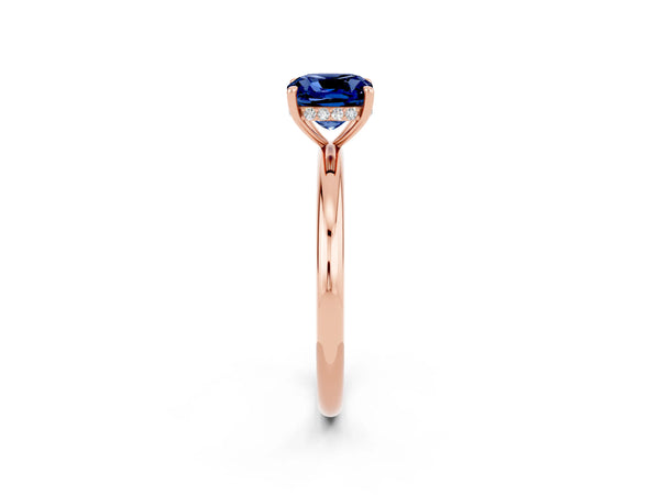Rose gold Cushion Cut Blue Sapphire Solitaire Ring with Thin Band and Four-Prong Setting