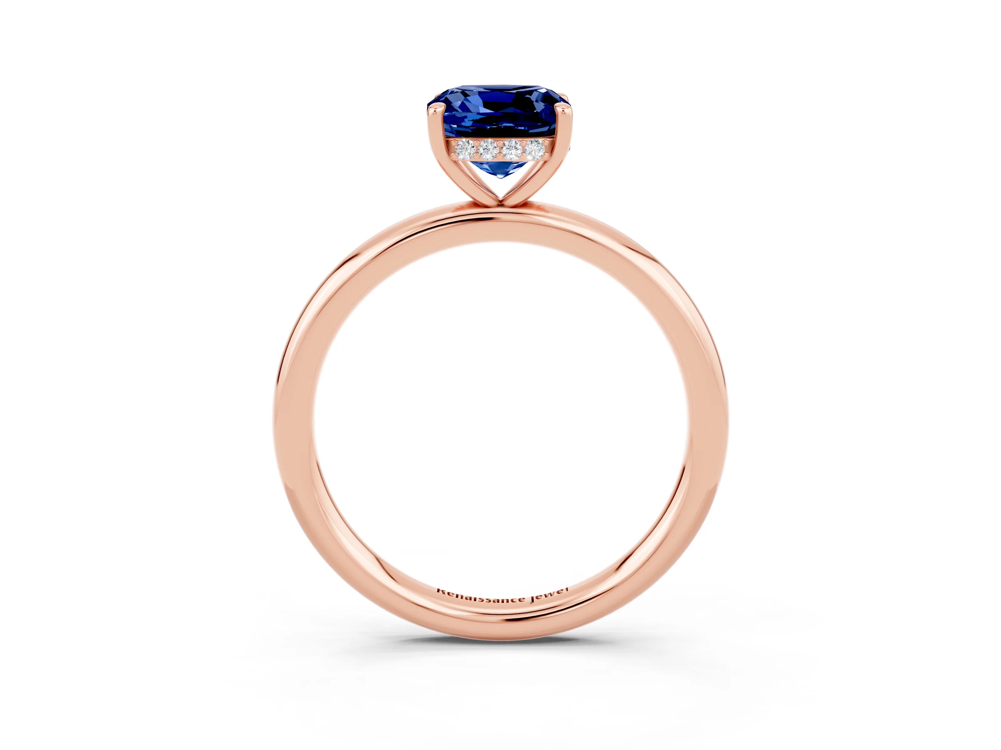 Rose gold Cushion Cut Blue Sapphire Solitaire Ring with Thin Band and Four-Prong Setting_3