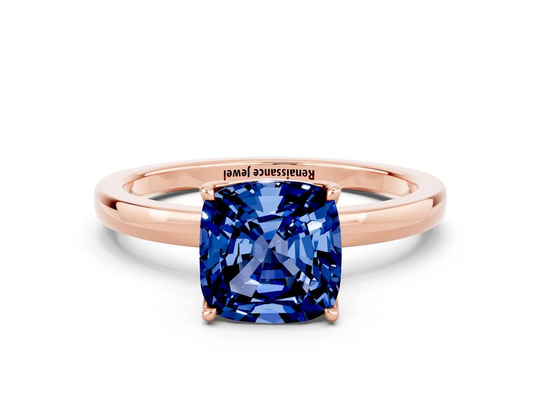 Rose gold Cushion Cut Blue Sapphire Solitaire Ring with Thin Band and Prong Setting_12
