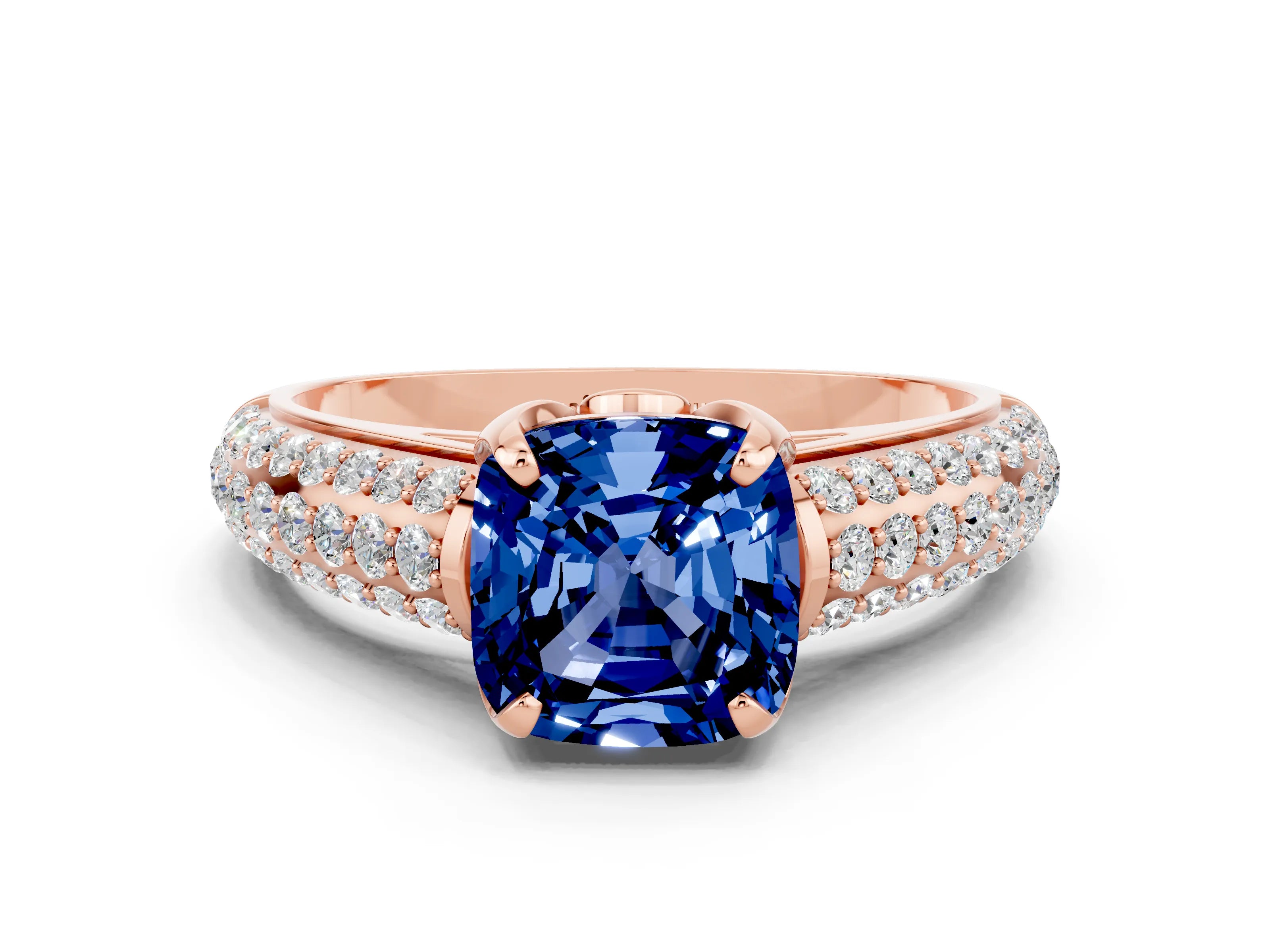 Rose gold Cushion Cut Blue Sapphire Solitaire Ring with Three-Row Pavé Band and Four-Prong Setting_12