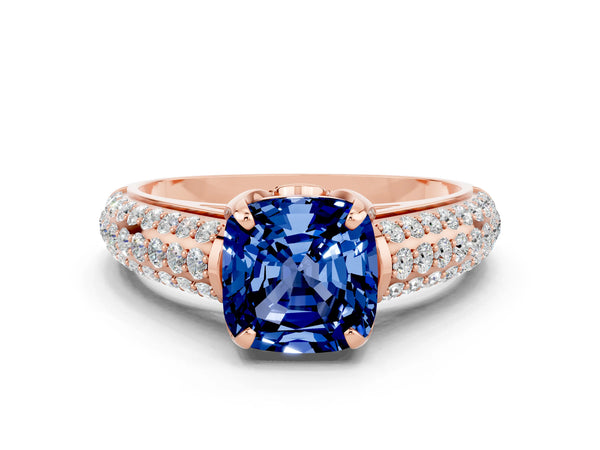 Rose gold Cushion Cut Blue Sapphire Solitaire Ring with Three-Row Pavé Band and Four-Prong Setting