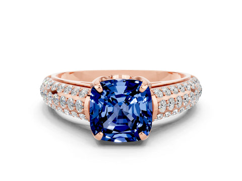 Rose gold Cushion Cut Blue Sapphire Solitaire Ring with Three-Row Pavé Band and Four-Prong Setting_12