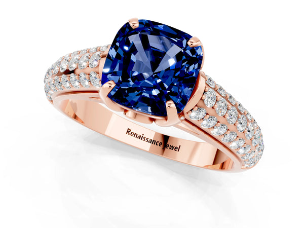Rose gold Cushion Cut Blue Sapphire Solitaire Ring with Three-Row Pavé Band and Four-Prong Setting