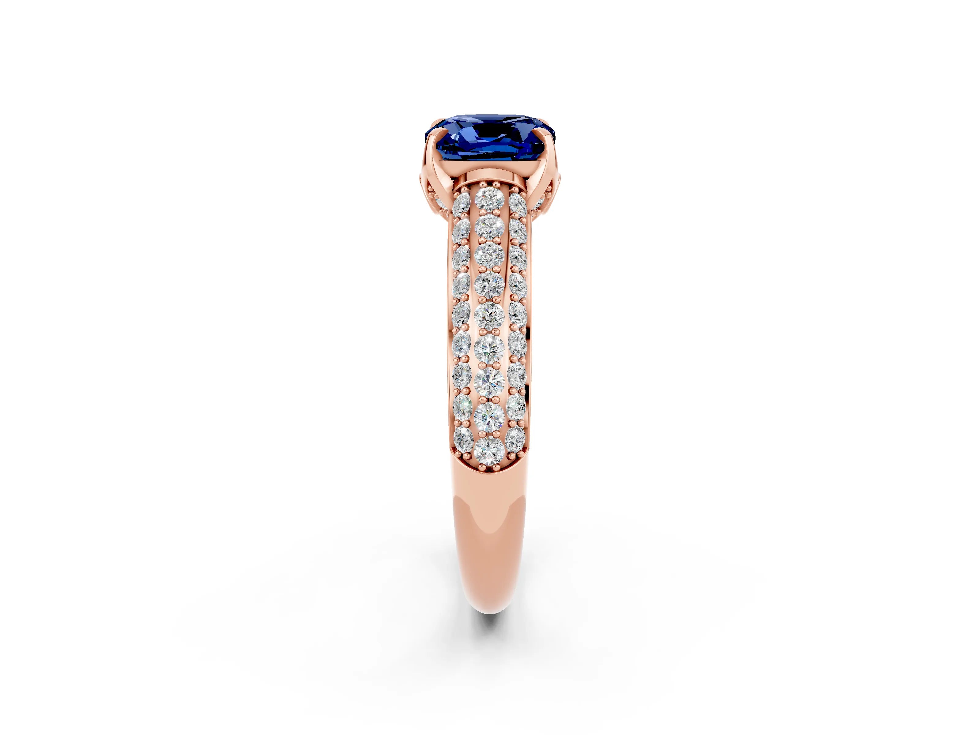 Rose gold Cushion Cut Blue Sapphire Solitaire Ring with Three-Row Pavé Band and Four-Prong Setting_14