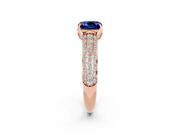 Rose gold Cushion Cut Blue Sapphire Solitaire Ring with Three-Row Pavé Band and Four-Prong Setting
