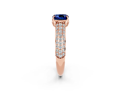 Rose gold Cushion Cut Blue Sapphire Solitaire Ring with Three-Row Pavé Band and Four-Prong Setting_14