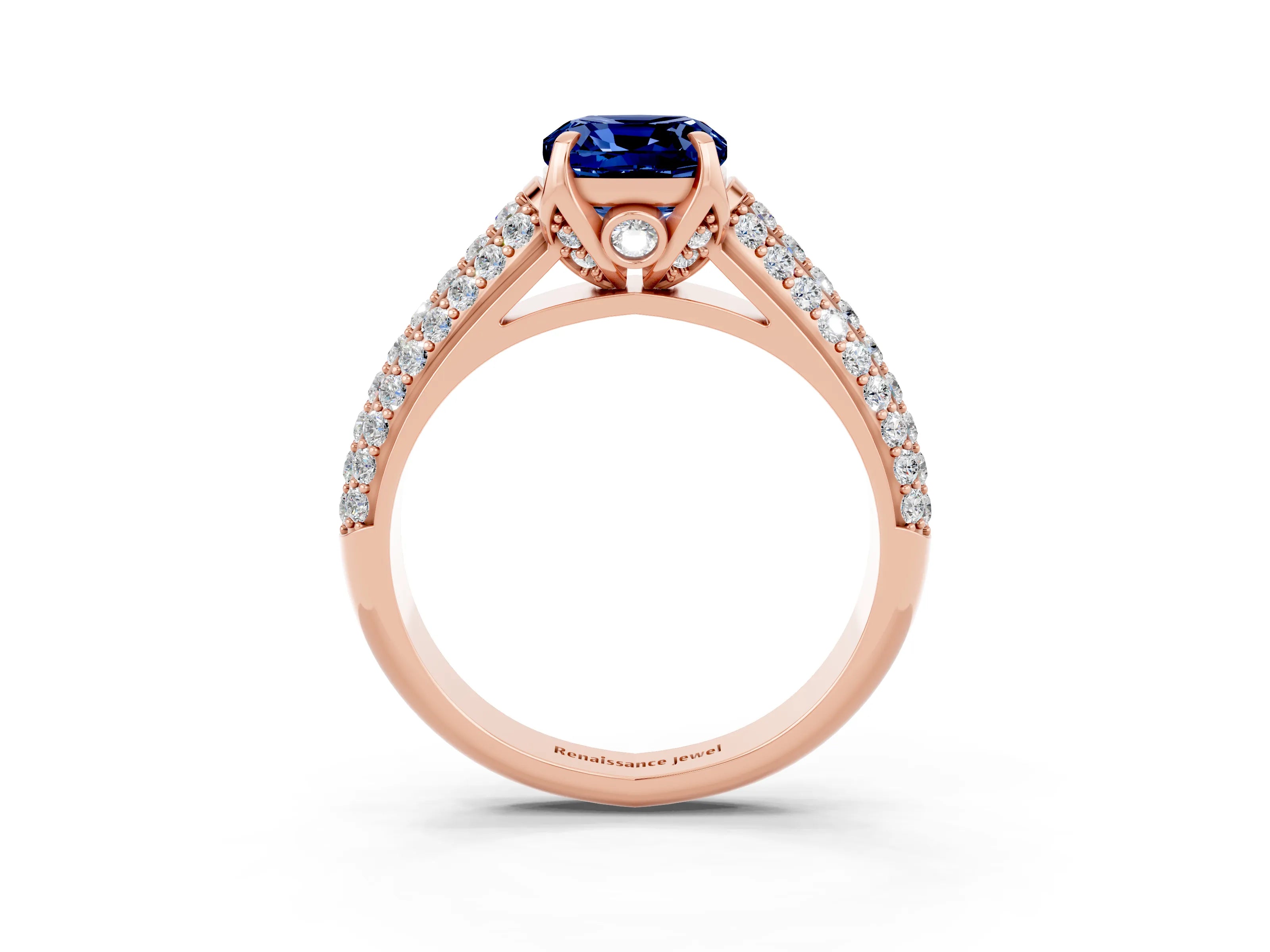 Rose gold Cushion Cut Blue Sapphire Solitaire Ring with Three-Row Pavé Band and Four-Prong Setting_15