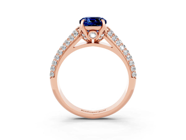 Rose gold Cushion Cut Blue Sapphire Solitaire Ring with Three-Row Pavé Band and Four-Prong Setting