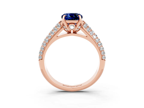 Rose gold Cushion Cut Blue Sapphire Solitaire Ring with Three-Row Pavé Band and Four-Prong Setting_15