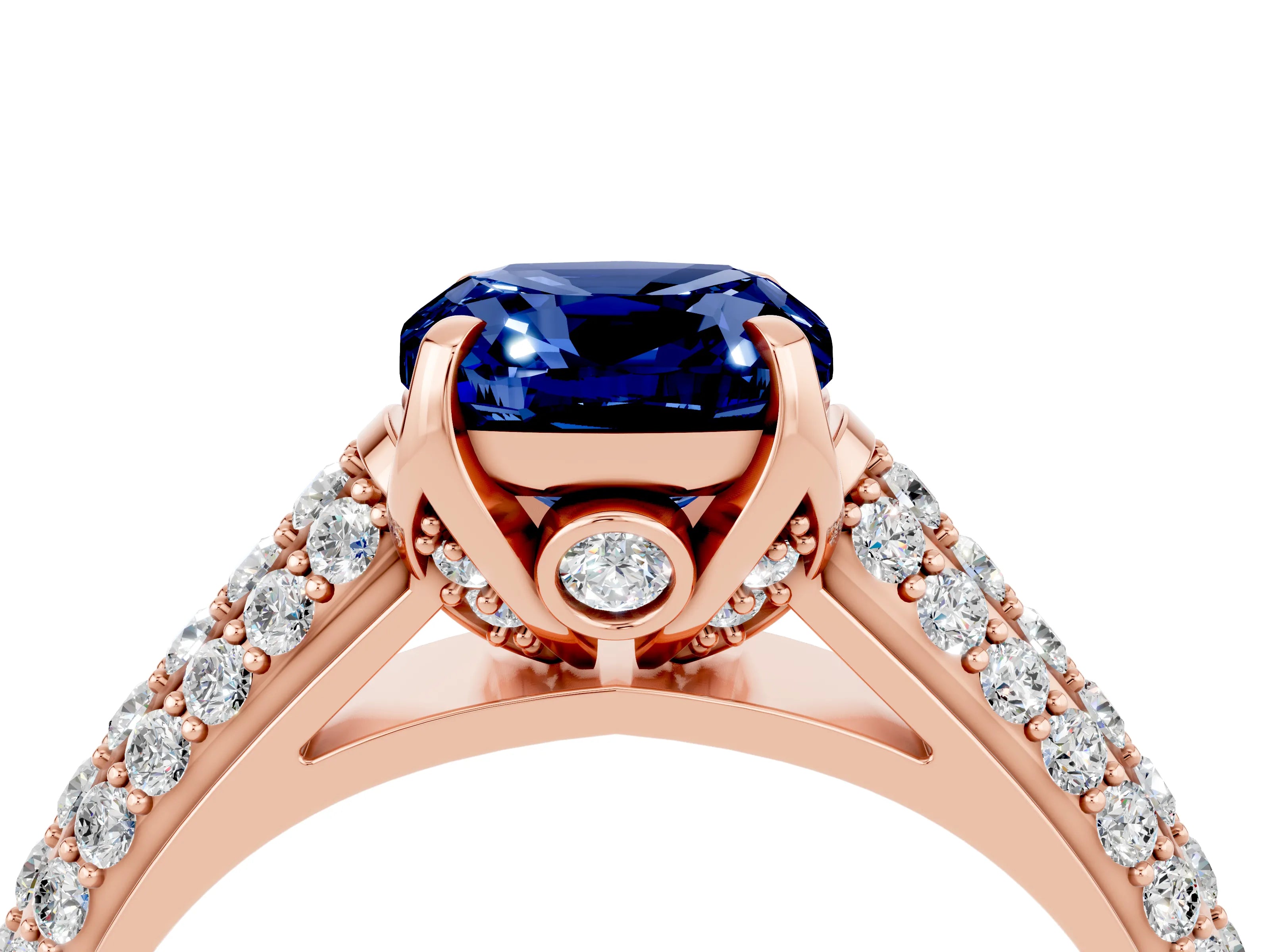 Rose gold Cushion Cut Blue Sapphire Solitaire Ring with Three-Row Pavé Band and Four-Prong Setting_16