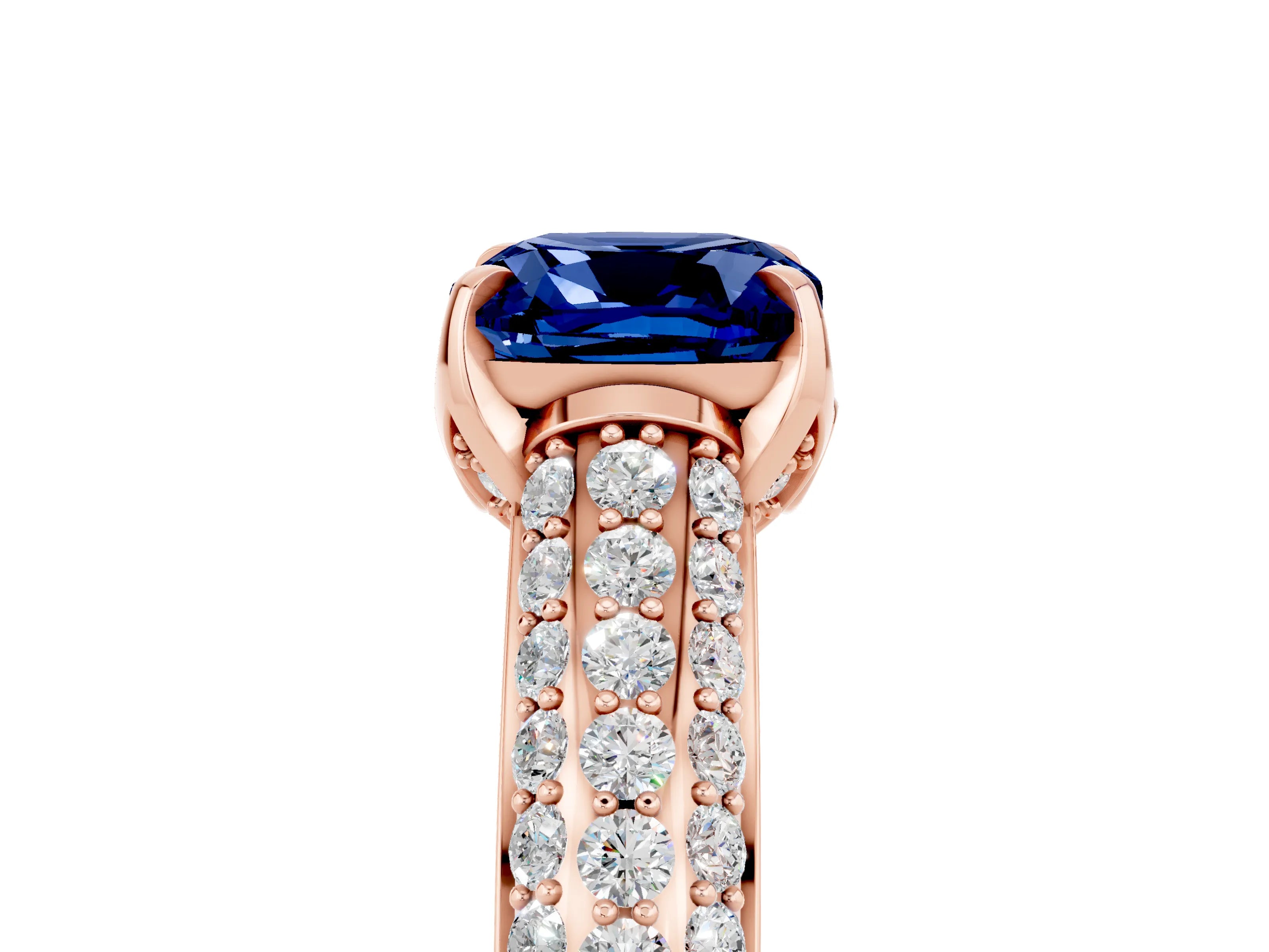 Rose gold Cushion Cut Blue Sapphire Solitaire Ring with Three-Row Pavé Band and Four-Prong Setting_17