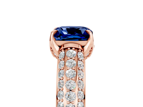 Rose gold Cushion Cut Blue Sapphire Solitaire Ring with Three-Row Pavé Band and Four-Prong Setting_17