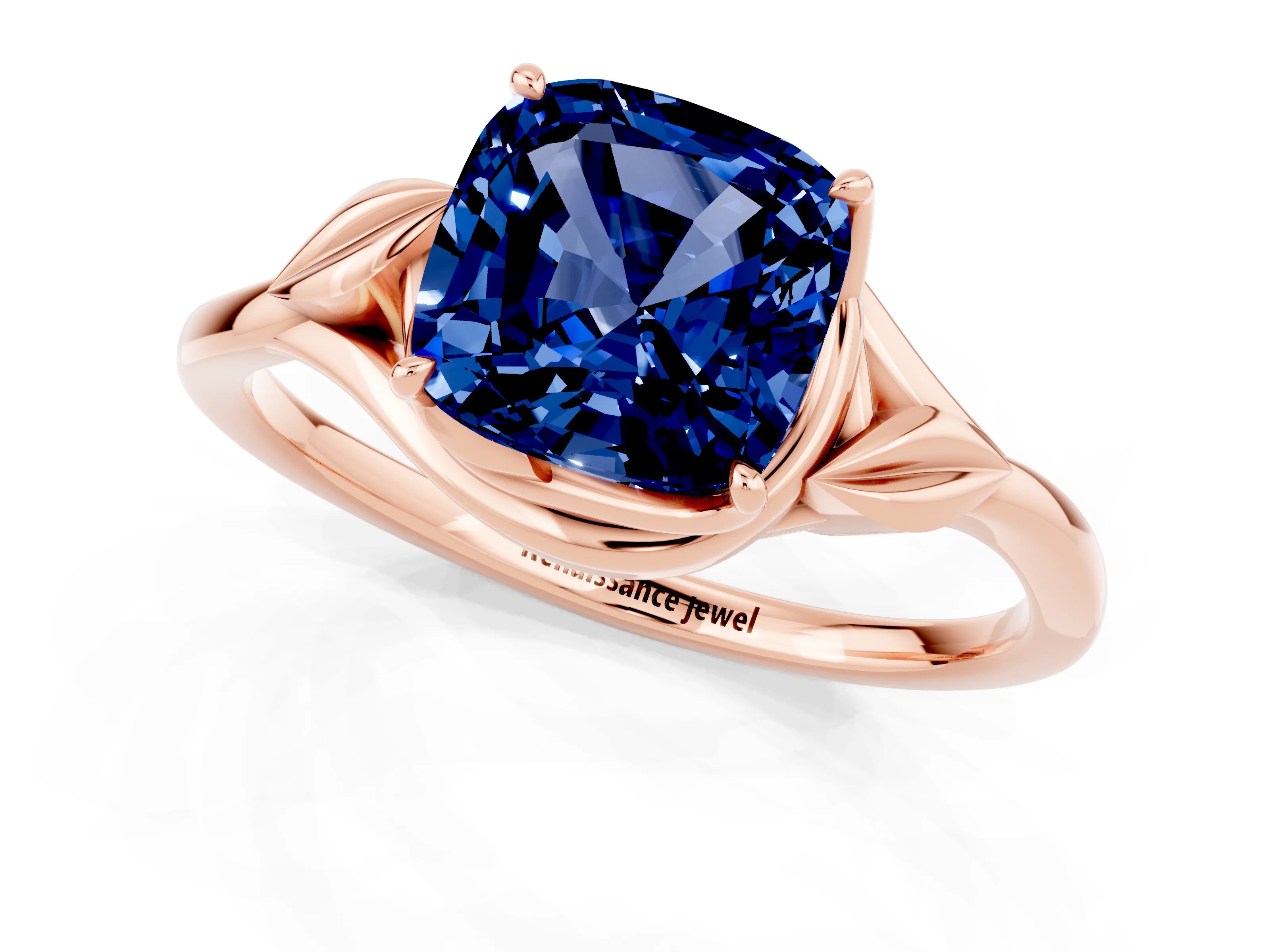 Rose gold Cushion Cut Blue Sapphire Solitaire Ring with Twist Band and Four-Prong Setting_25