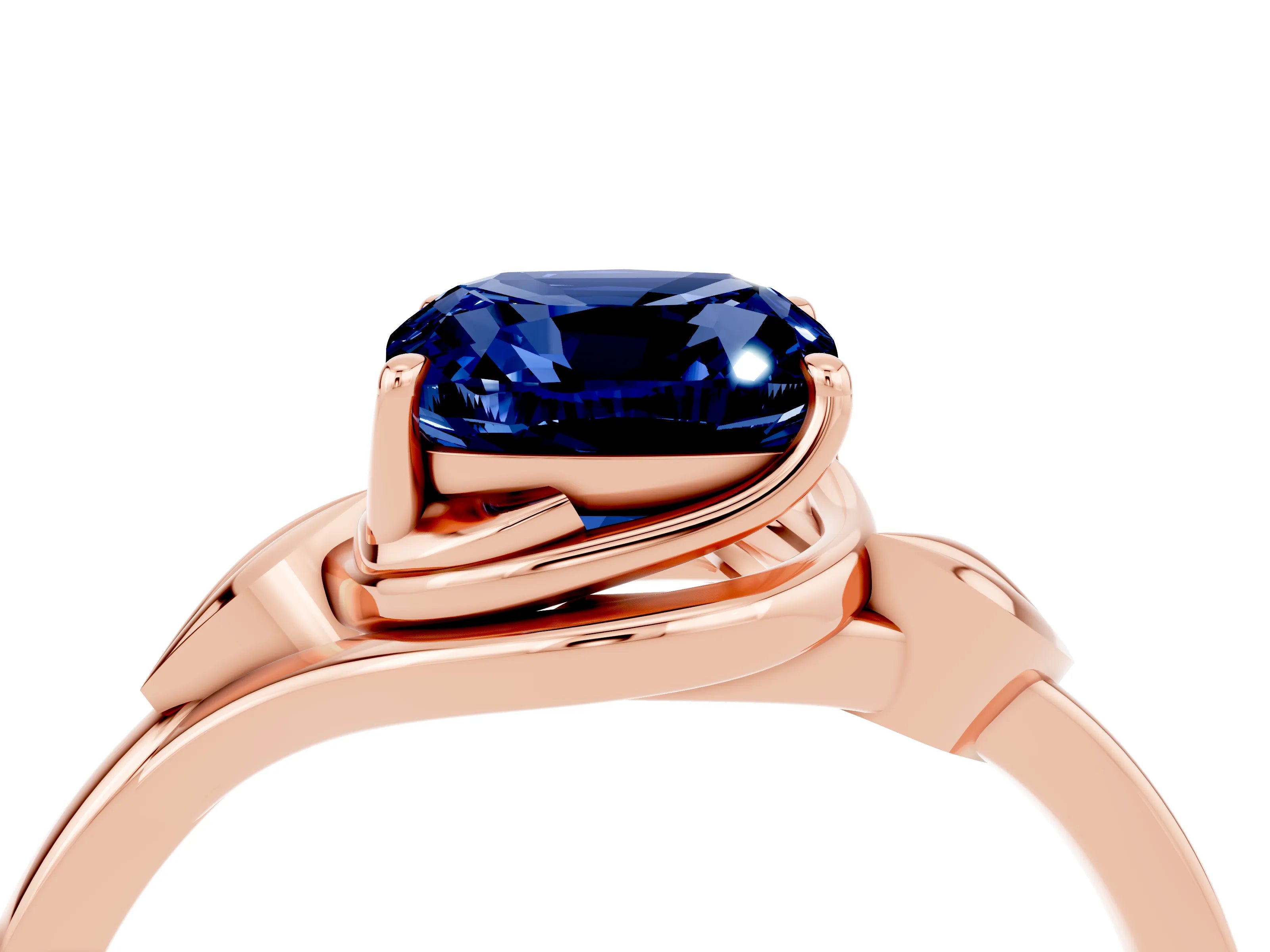 Rose gold Cushion Cut Blue Sapphire Solitaire Ring with Twist Band and Four-Prong Setting_28