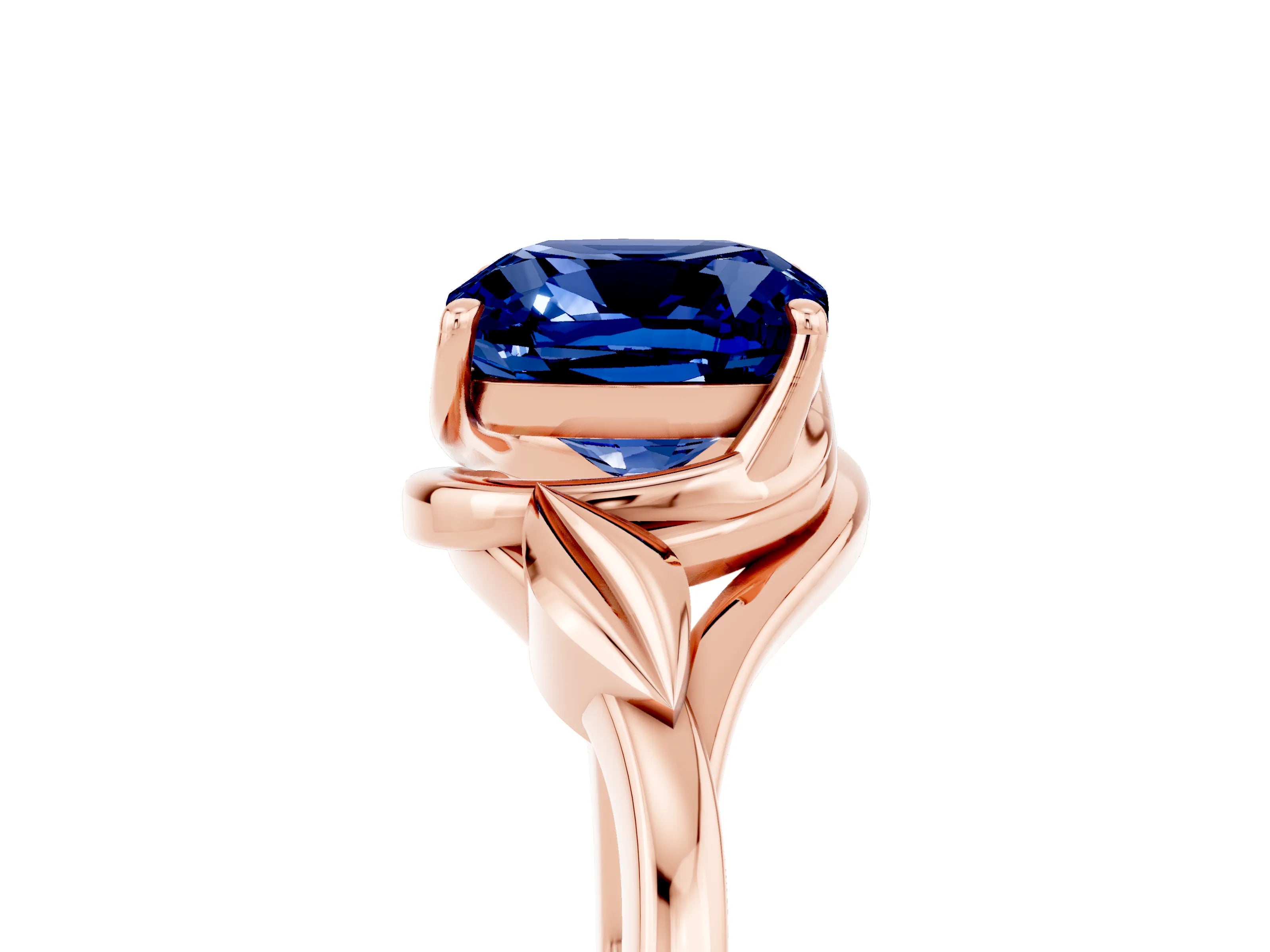 Rose gold Cushion Cut Blue Sapphire Solitaire Ring with Twist Band and Four-Prong Setting_29