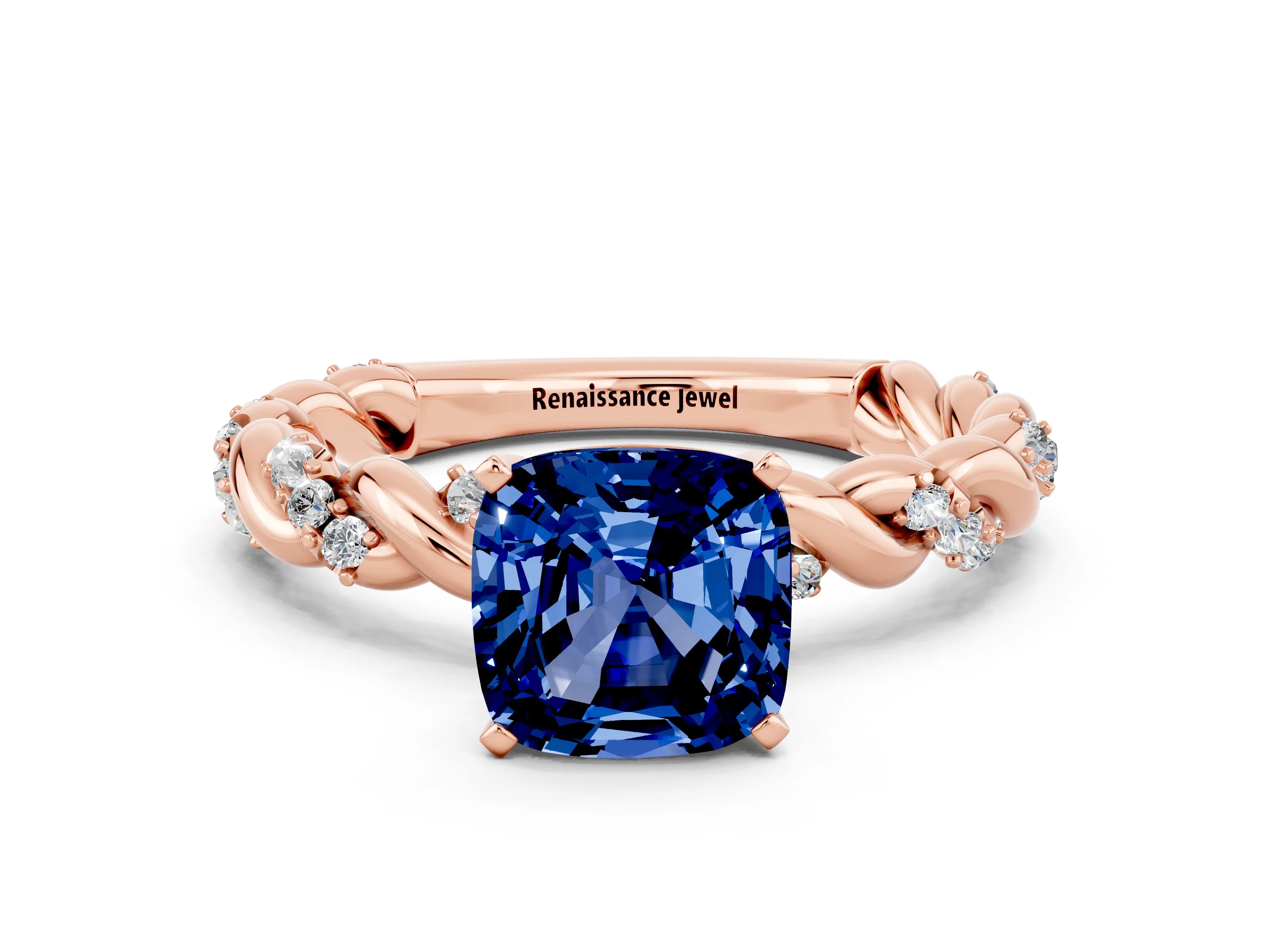 Rose gold Cushion Cut Blue Sapphire Solitaire Ring with Twisted Band and Pavé Accents