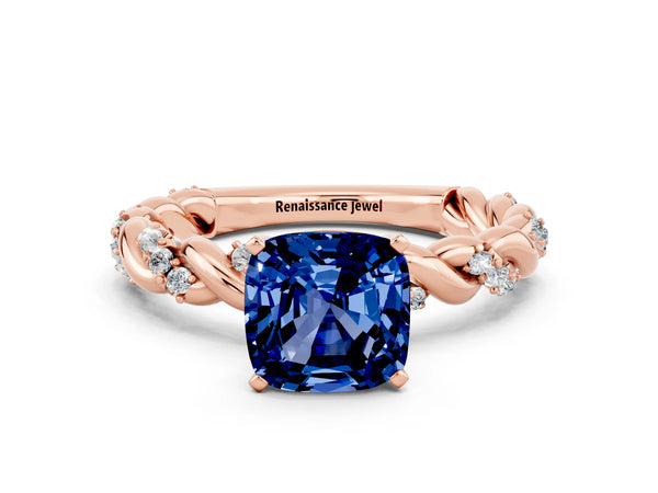 Rose gold Cushion Cut Blue Sapphire Solitaire Ring with Twisted Band and Pavé Accents