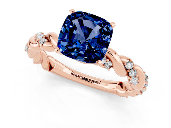 Rose gold Cushion Cut Blue Sapphire Solitaire Ring with Twisted Band and Pavé Accents