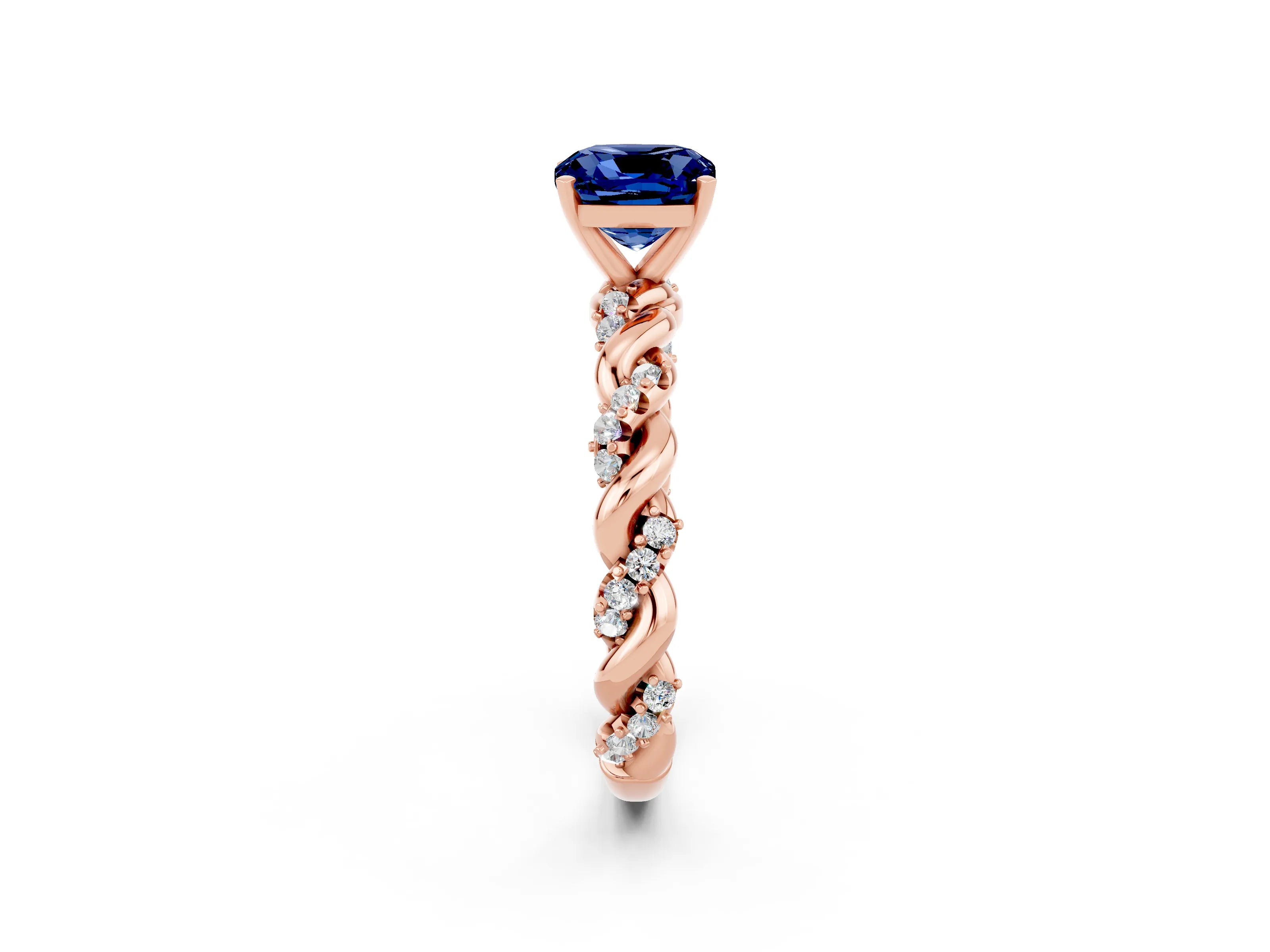 Rose gold Cushion Cut Blue Sapphire Solitaire Ring with Twisted Band and Pavé Accents_2