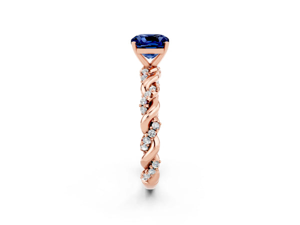 Rose gold Cushion Cut Blue Sapphire Solitaire Ring with Twisted Band and Pavé Accents