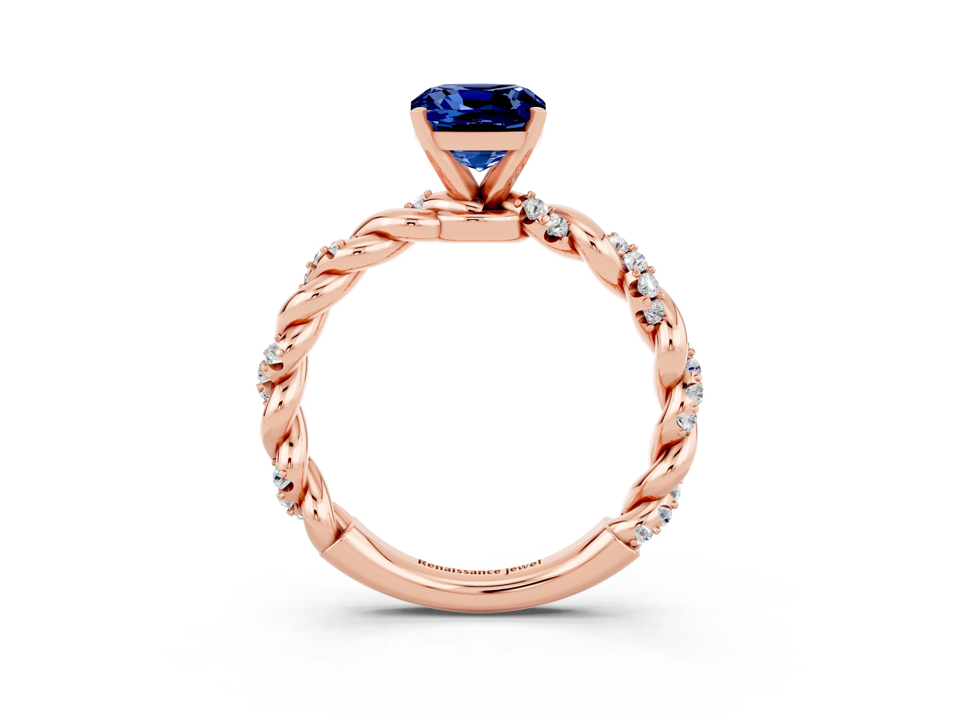Rose gold Cushion Cut Blue Sapphire Solitaire Ring with Twisted Band and Pavé Accents_3