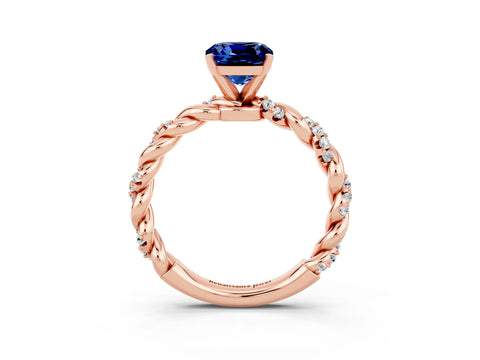 Rose gold Cushion Cut Blue Sapphire Solitaire Ring with Twisted Band and Pavé Accents_3