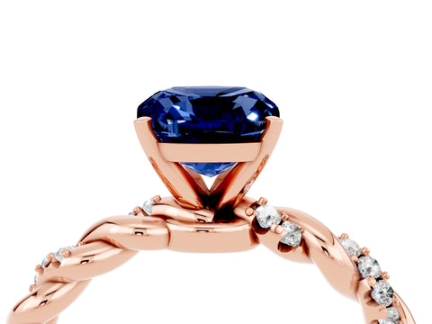 Rose gold Cushion Cut Blue Sapphire Solitaire Ring with Twisted Band and Pavé Accents_4
