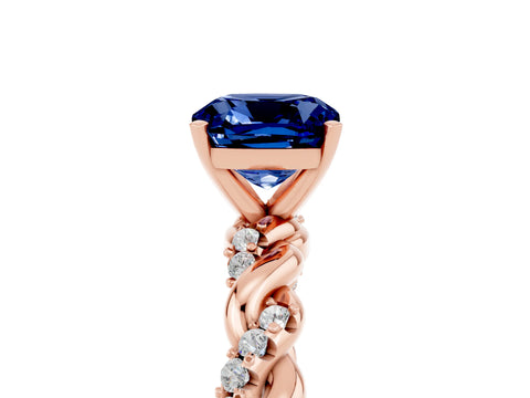 Rose gold Cushion Cut Blue Sapphire Solitaire Ring with Twisted Band and Pavé Accents_5