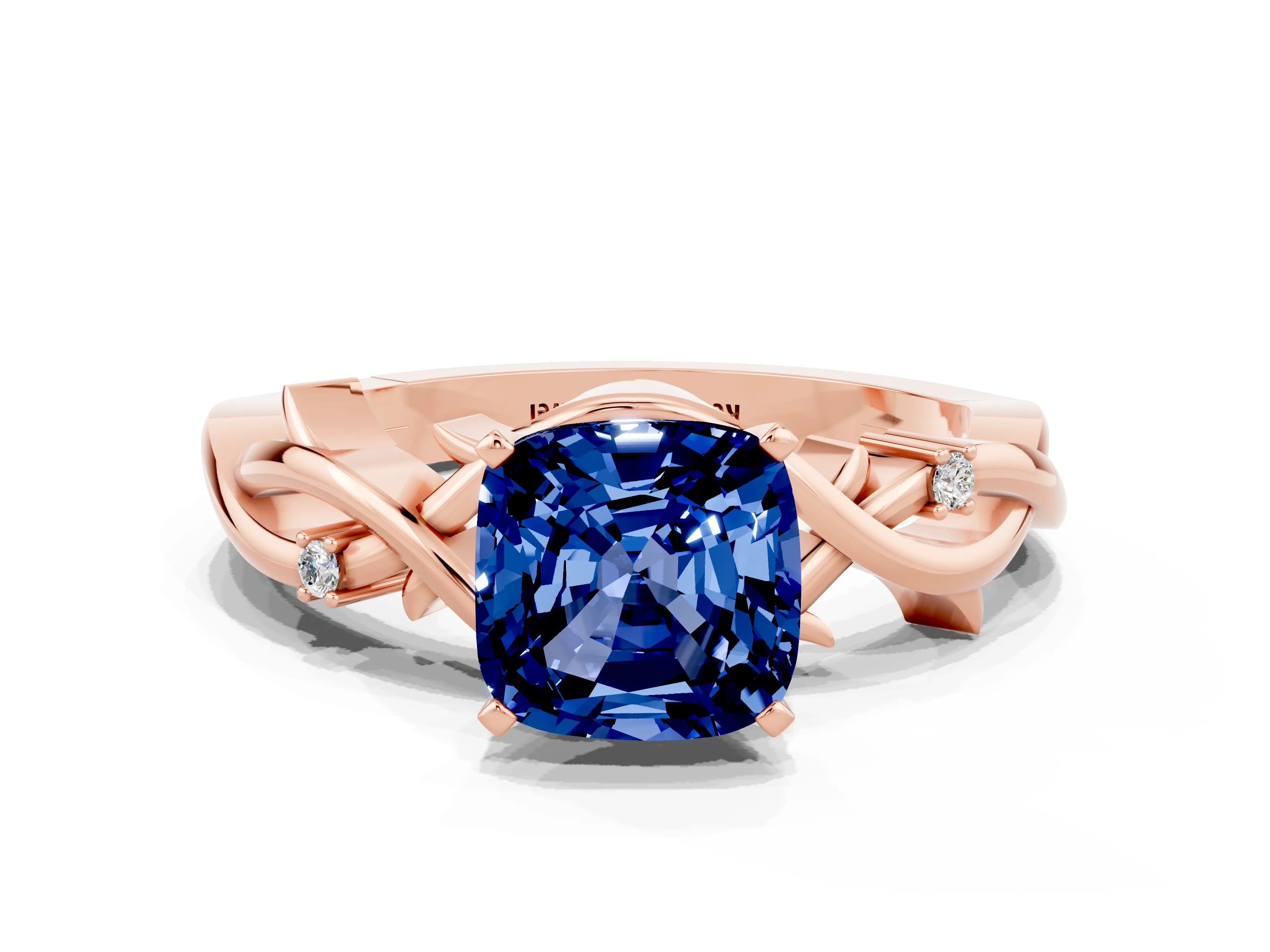 Rose gold Cushion Cut Blue Sapphire Solitaire Ring with Twisted Band and Prong Setting