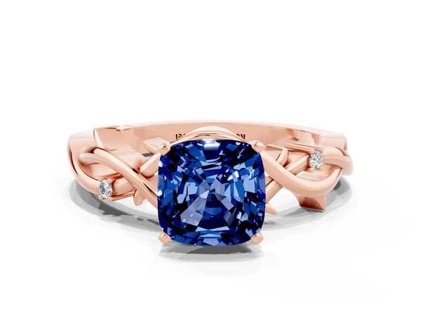 Rose gold Cushion Cut Blue Sapphire Solitaire Ring with Twisted Band and Prong Setting
