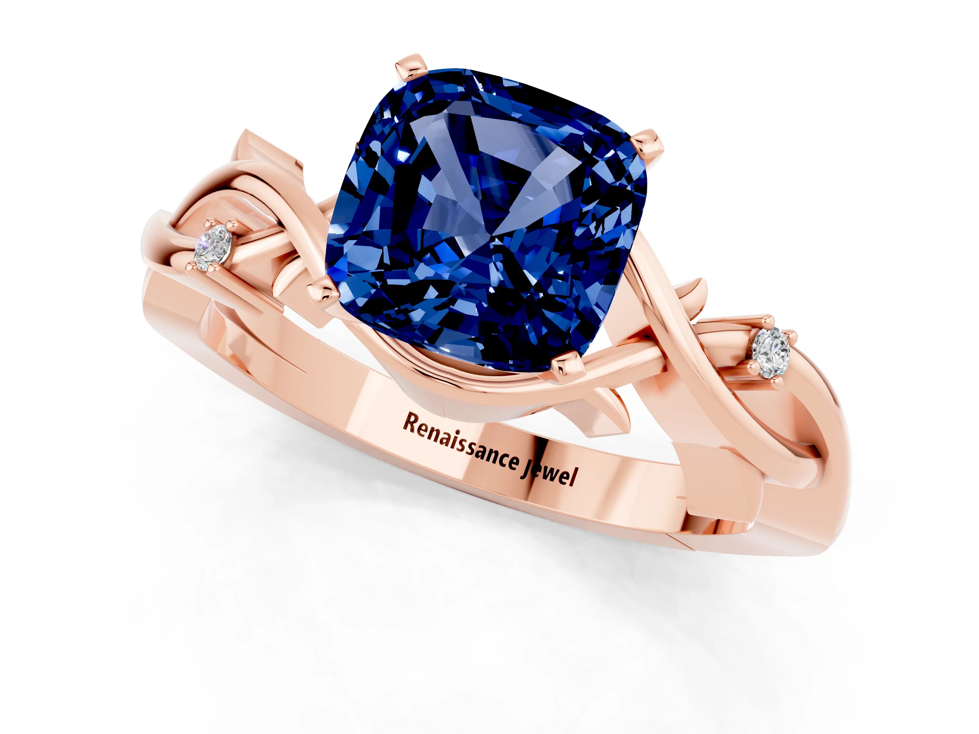 Rose gold Cushion Cut Blue Sapphire Solitaire Ring with Twisted Band and Prong Setting_1