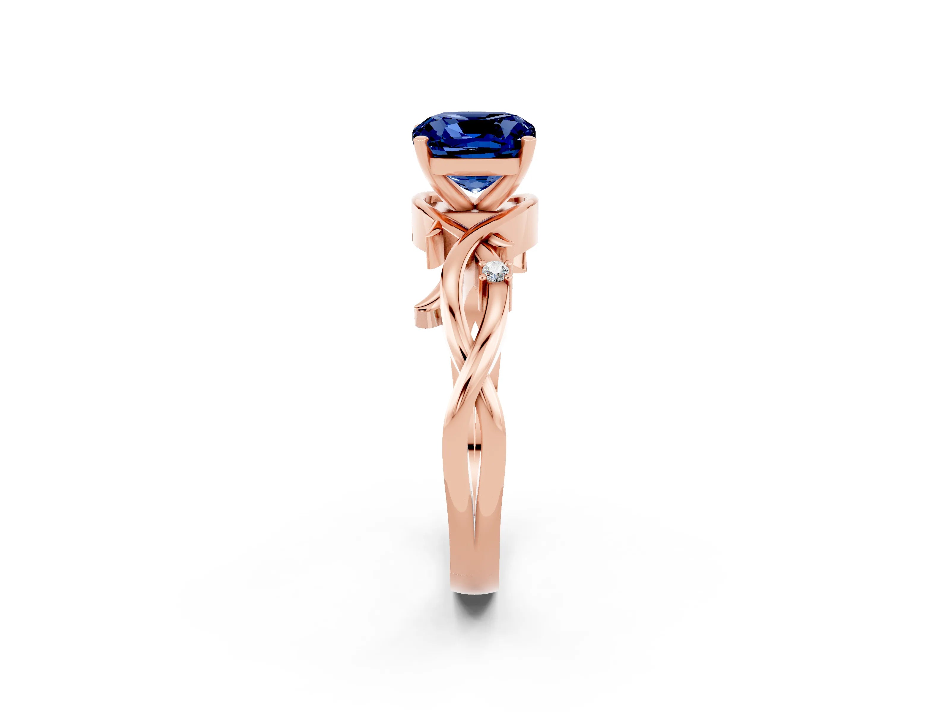 Rose gold Cushion Cut Blue Sapphire Solitaire Ring with Twisted Band and Prong Setting_2