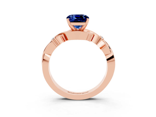 Rose gold Cushion Cut Blue Sapphire Solitaire Ring with Twisted Band and Prong Setting