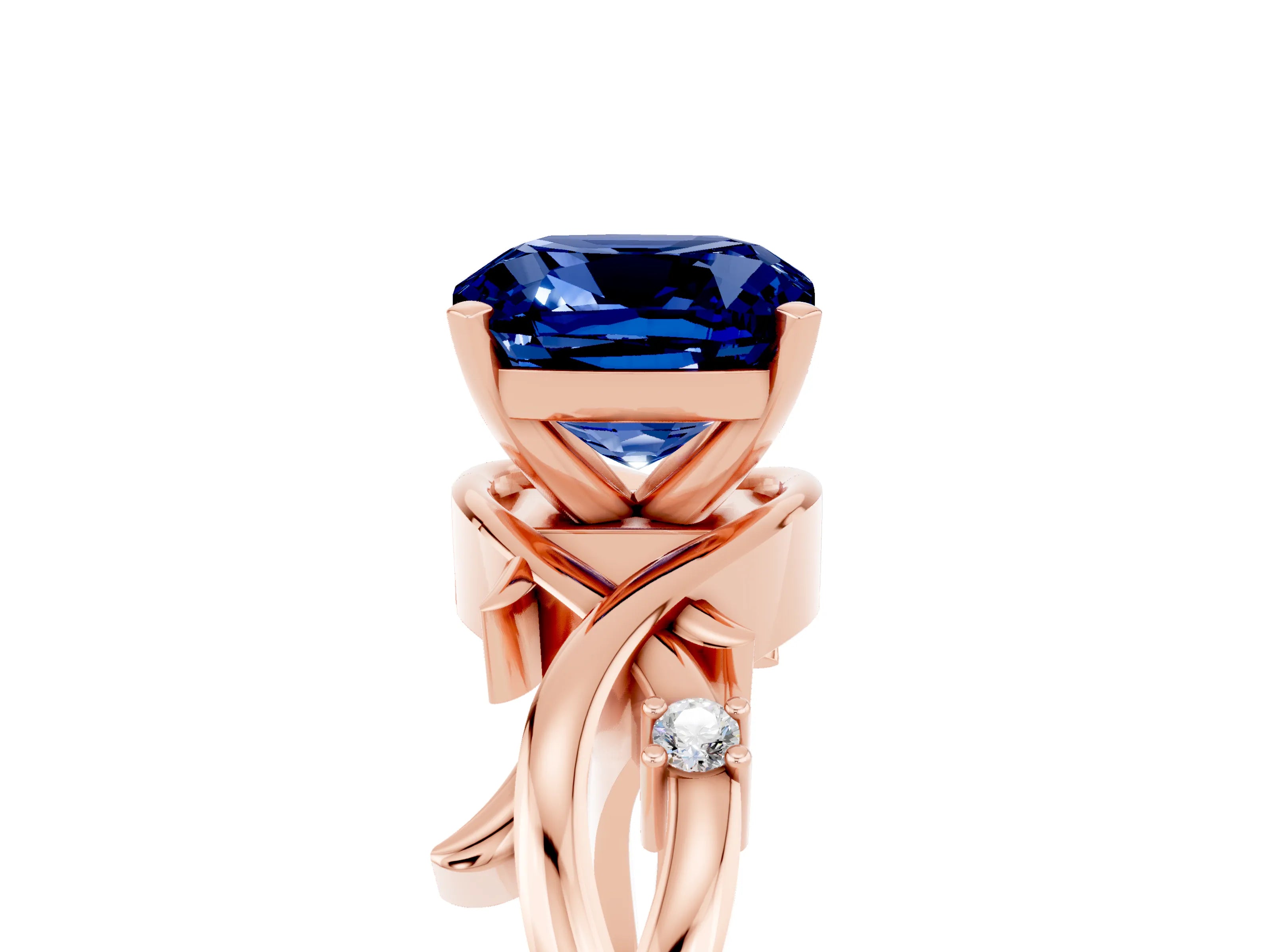 Rose gold Cushion Cut Blue Sapphire Solitaire Ring with Twisted Band and Prong Setting_5