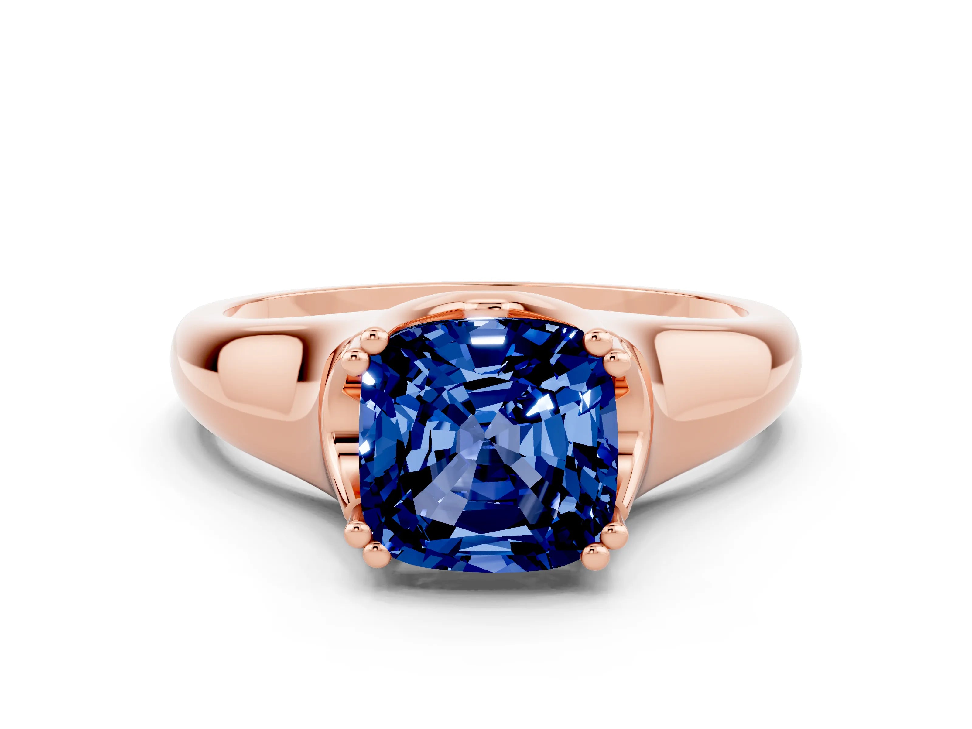 Rose gold Cushion Cut Blue Sapphire Solitaire Ring with Wide Band and Prong Setting
