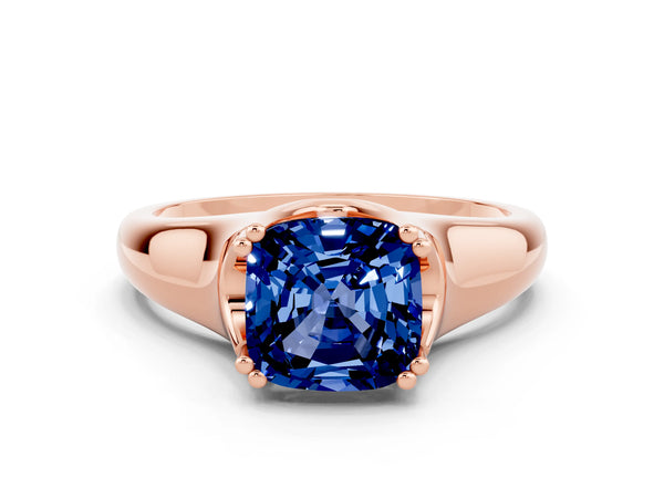 Rose gold Cushion Cut Blue Sapphire Solitaire Ring with Wide Band and Prong Setting